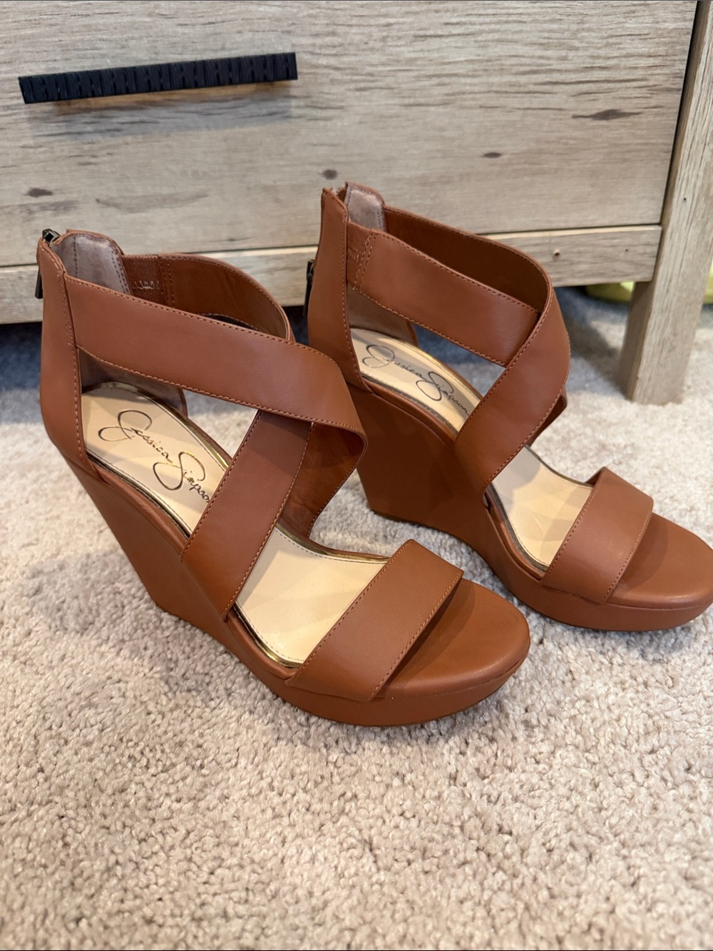 Jessica Simpson Cognac Strappy Wedge Sandals